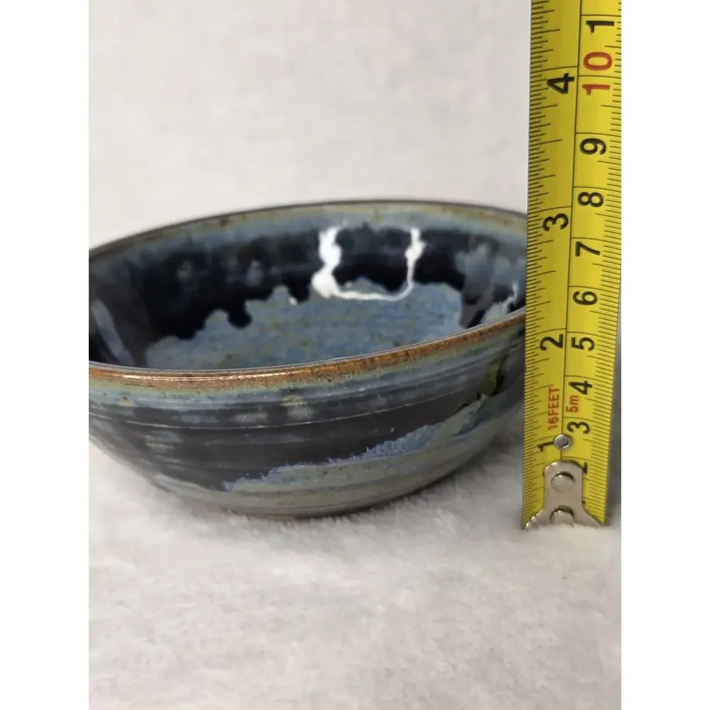 Studio Art Pottery Bowl Blue Drip Glaze Marked Bear Paw SMK